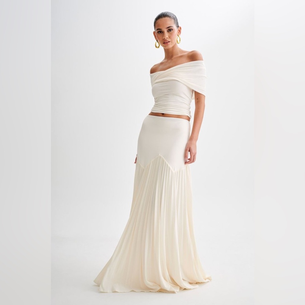 Meshki Cream Off-Shoulder Draped Crop Top & Maxi Skirt Set